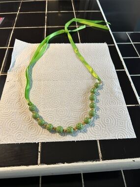 Green Beaded Ribbon Necklace